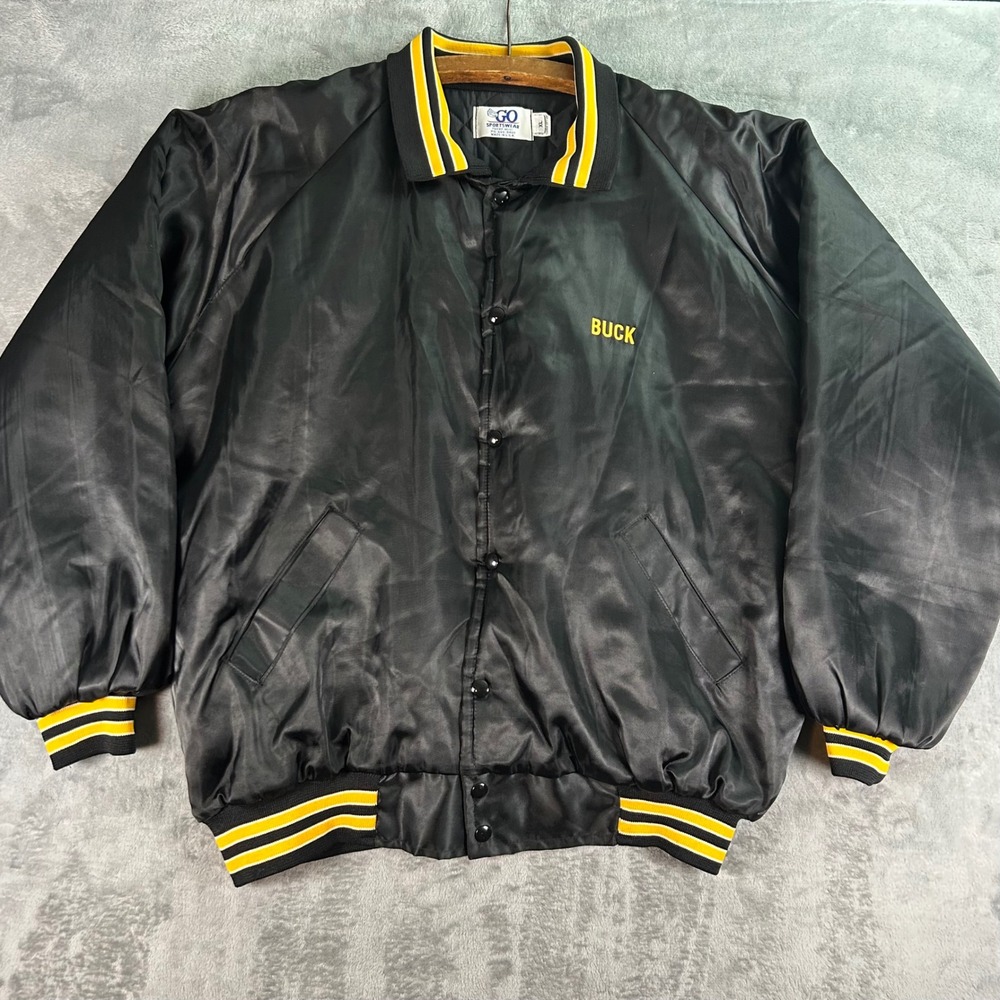 Vintage GO Sportswear Rod & Gun Club Alma WI Satin Bomber Jacket Black Mens XL